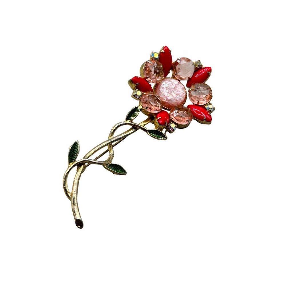 Vintage Statement Brooch Flower with Stem Pink & Red Rhinestones Confetti Center